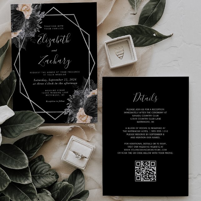 Invitation Pêche Floral Noir Cadre Argent Code QR Mariage (Créateur téléchargé)