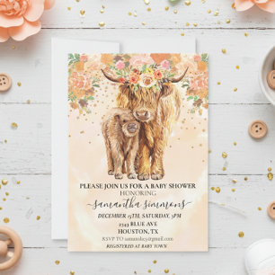 Invitation Pêche Florale Highland Vache Baby shower de veau