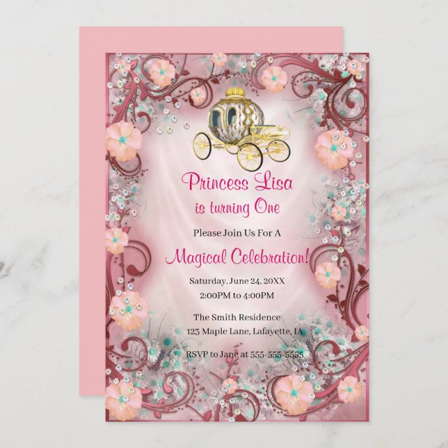 Invitation Pêche Florale Princesse enchantée 1er anniversaire (Devant / Derrière)