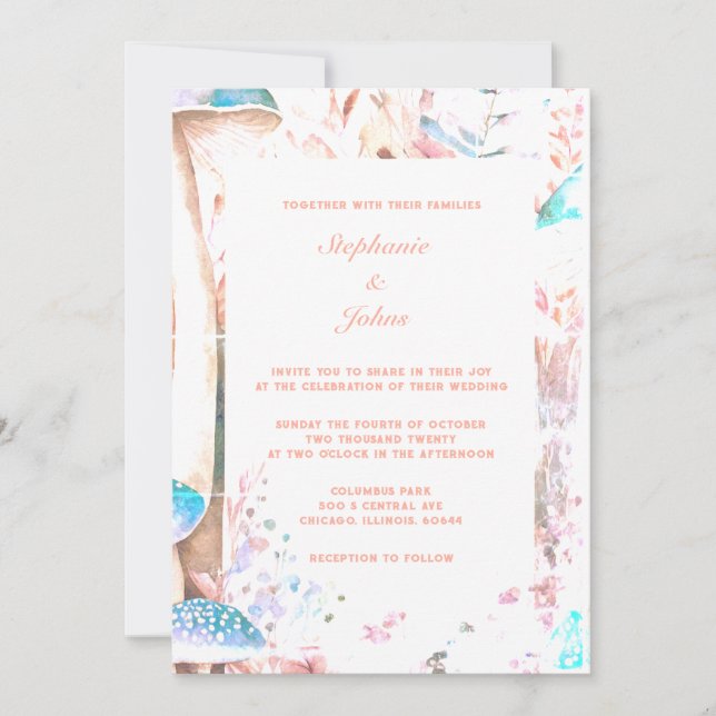 Invitation Pêche Fuzz Blue Champagne Art Boho Mariage Woodlan (Devant)