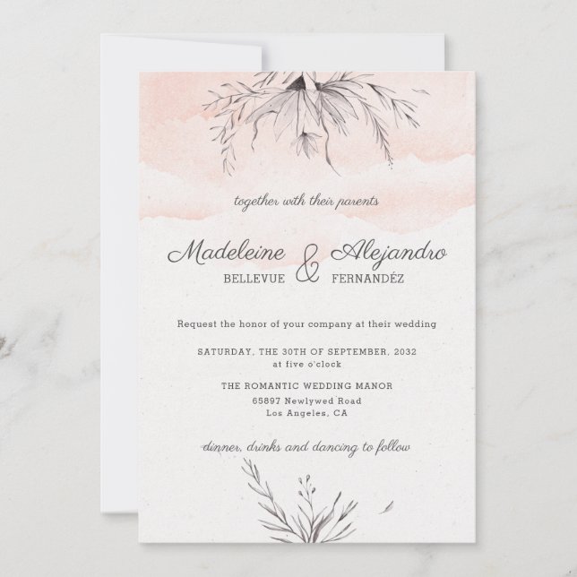 Invitation Pêche & gris floral romantique mariage élégant (Devant)