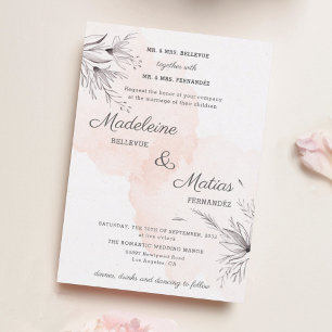 Invitation Pêche & gris floral romantique mariage élégant