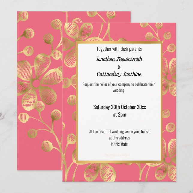 INVITATION PÊCHE LUMINEUSE ET MARIAGE FLORAL OR (Devant / Derrière)
