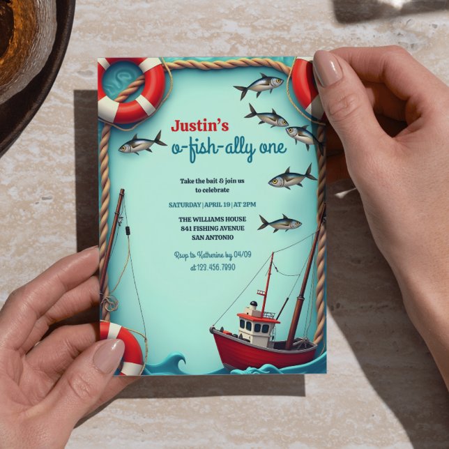 Invitation Pêche O-Fish-ally Un garçon 1er anniversaire fête (O-Fish-ally One First Birthday Party Invitation – Fishing Theme for Boys)