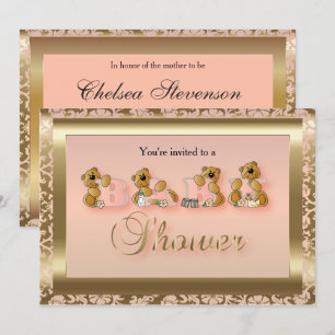 Invitation Pêche & Or Damask avec Nounours   Baby shower