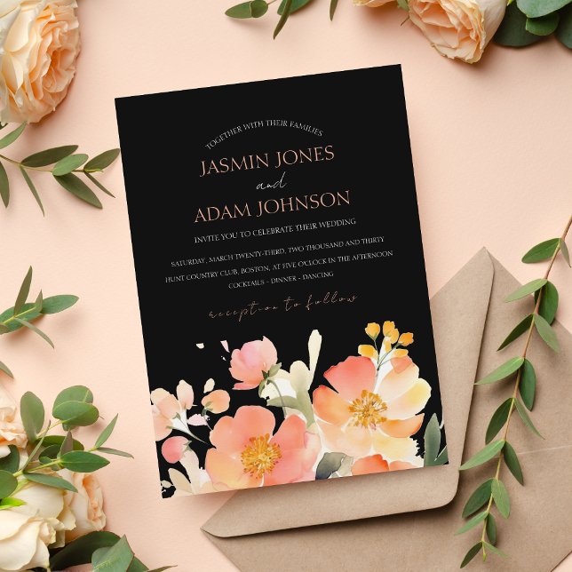 Invitation Pêche orangée Boho moderne et Mariage floral noir (Créateur téléchargé)
