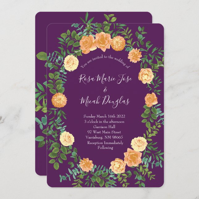 Invitation Pêche & Plum Purple Peony & Rose Floral Mariage (Devant / Derrière)