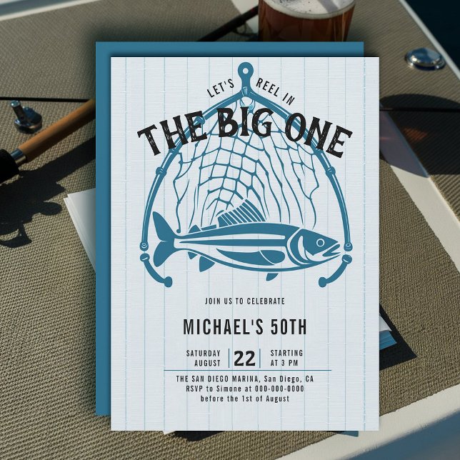 Invitation Pêche Poisson Net bleu Décontracté Amusement Homme (fishing 50th birthday invitation men big one fish reel net elegant modern simple classy)