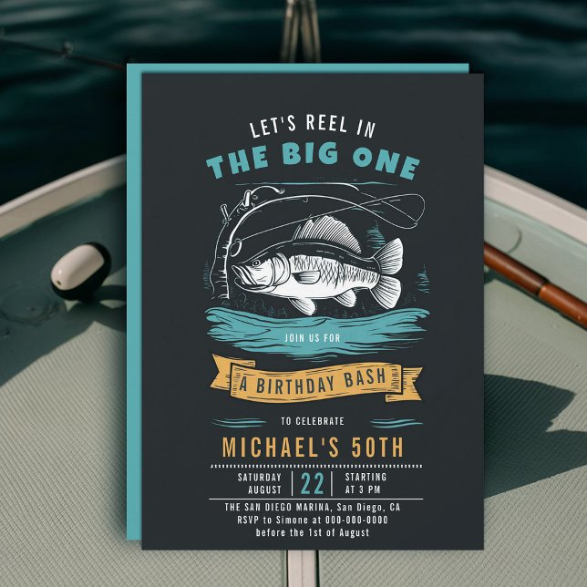Invitation Pêche Poisson Roulette Bleu Noir Hommes 50e annive (fishing 50th birthday invitation men big one fish reel rod elegant modern simple classy)