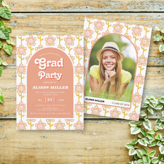 Invitation Pêche rétro et fleurs jaunes les années 70 Graduat