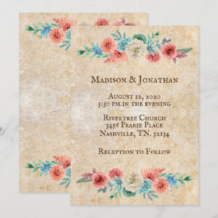 Invitation Pêche romantique   Mariage floral turquoise
