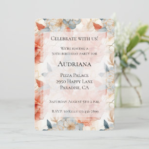 Invitation Pêche Rose Bleu Marbre blanc Floral Anniversaire