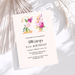 Invitation Pêche rose fleurie nombre or luxe 21e anniversaire