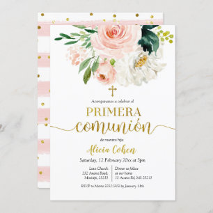 Invitation Pêche rose Floral Primera comunión Invitacion