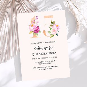 Invitation Pêche rose nombres floraux or Quinceanera luxe