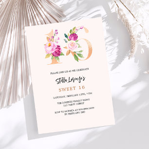 Invitation Pêche rose nombres floraux or Sweet 16