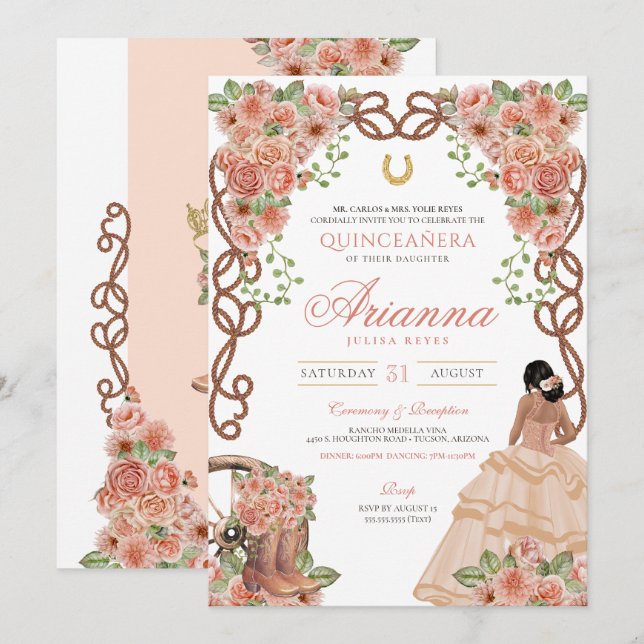 Invitation Pêche rose or rose Occidental Charro Quinceañera (Devant / Derrière)