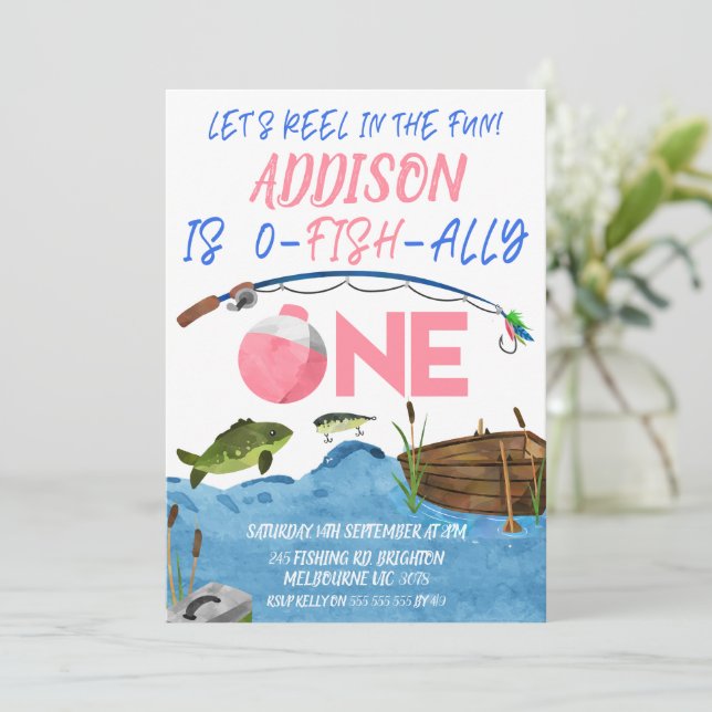 Invitation Pêche Roue Rose En Amusant Ofish 1er Anniversaire (Debout devant)