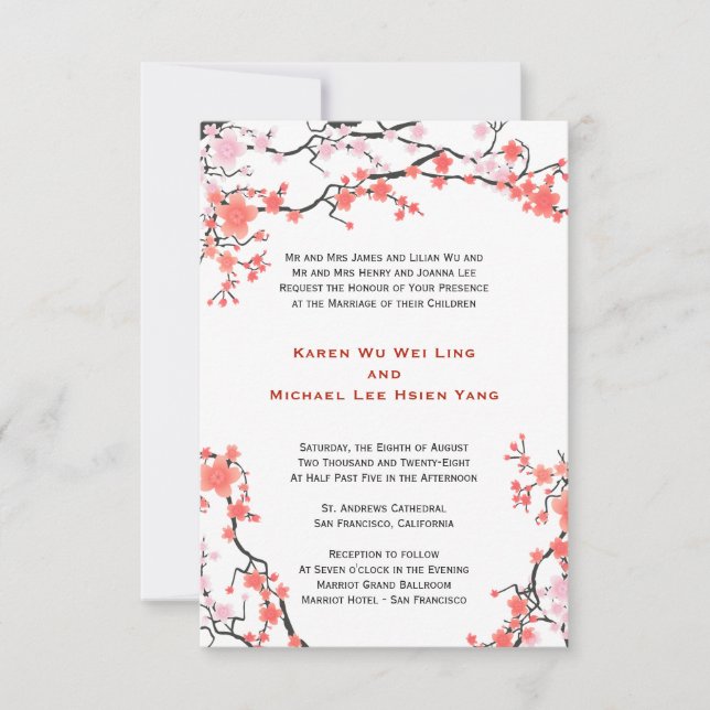 Invitation Pêche rouge et rose cerise fleurs Mariage oriental (Devant)