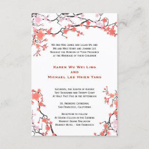 Invitation Pêche rouge et rose cerise fleurs Mariage oriental