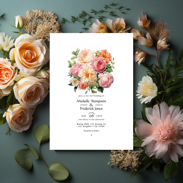 Invitation Pêche, vert et pastel rose Mariage d'été (Créateur téléchargé)