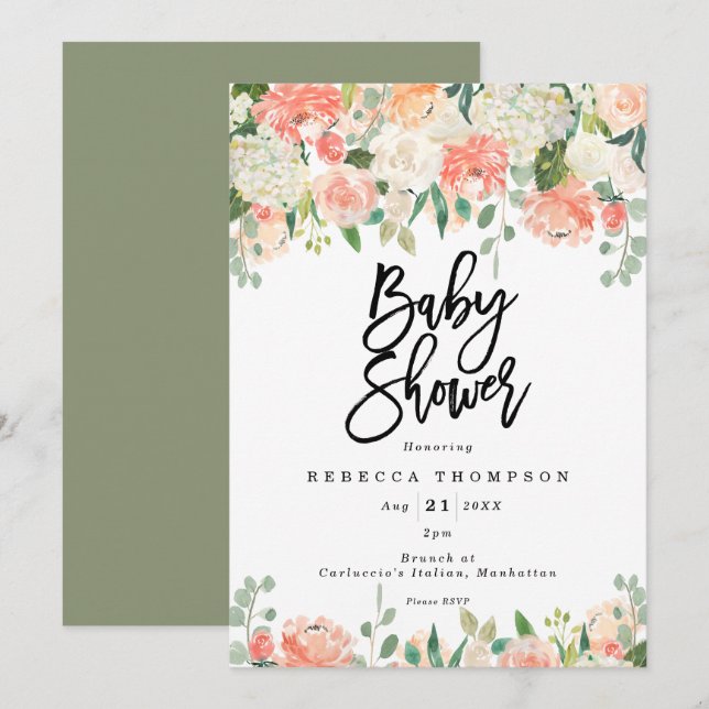 Invitation pêche vert pâle boho baby shower moderne (Devant / Derrière)