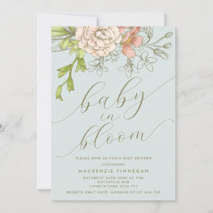 Invitation Pêche vintage & Bébé Floral Bleu dans Douche en Fl