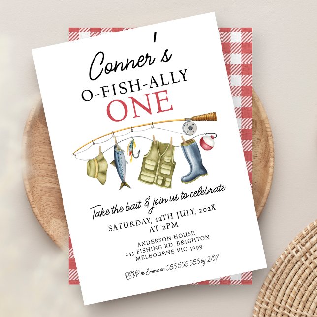 Invitation Pêche vintage Rod O-Fish-Ally Un 1er anniversaire (Boys Fishing 1sy Birthday Invitation, O-fish-ally One Invite, The Big ONE, Fishing Birthday Party, )