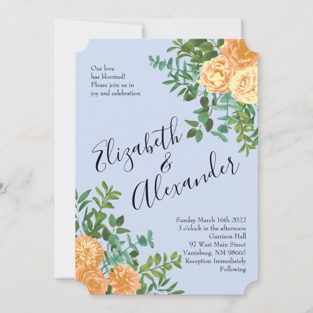Invitation Pêcher bleu clair Mariage Roses Floral (Devant)