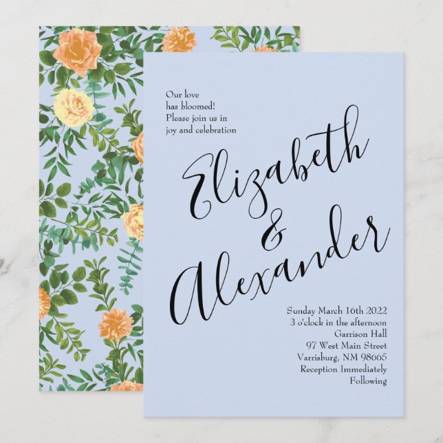 Invitation Pêcher bleu clair Mariage Roses Floral (Devant / Derrière)