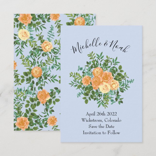 Invitation Pêcher bleu clair Mariage Roses Floral (Devant / Derrière)