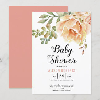 Invitation Pêcher fleurs d'aquarelle et baby shower feuille