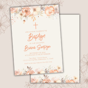 Invitation Pêcher Fleurs d'ivoire Beige Baptême Floral