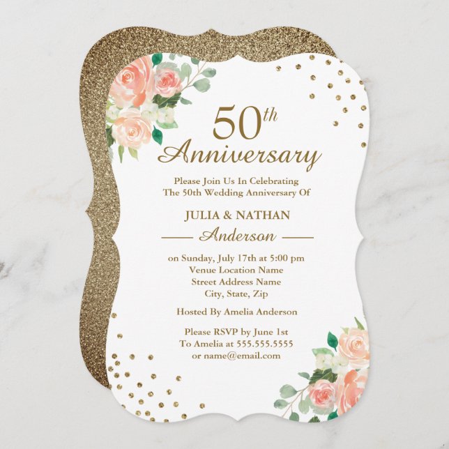 Invitation Pêcher Floral Confetti 50e anniversaire de Mariage (Devant / Derrière)