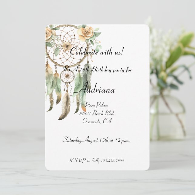 Invitation Pêcher Floral Green Dream Catcher Anniversaire (Debout devant)