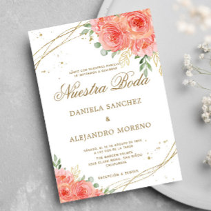 Invitation Pêcher Floral Or Nuestra Boda Mariage espagnol