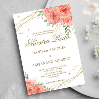 Invitation Pêcher Floral Or Nuestra Boda Mariage espagnol