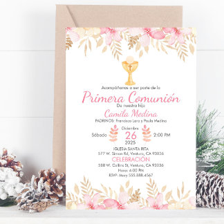 Invitation Pêcher Floral Première Communion Élégant Chalice