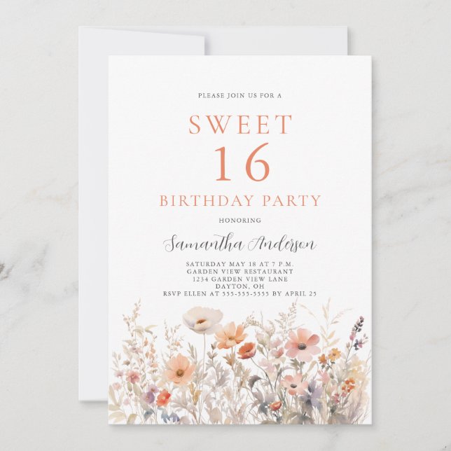 Invitation Pêcher Floral Sweet 16 Anniversaire (Devant)