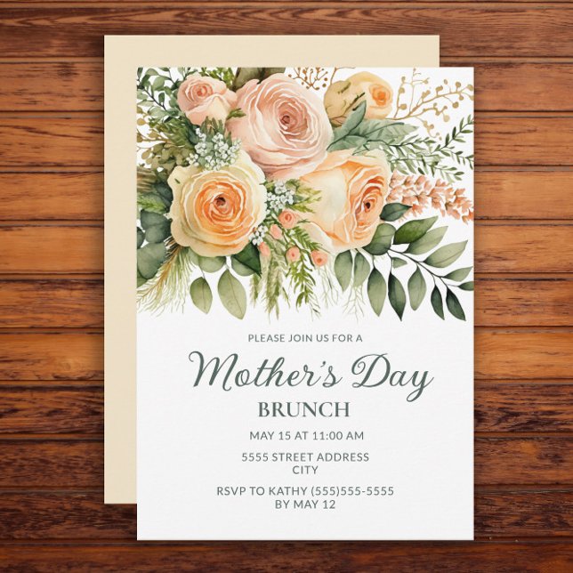 Invitation Pêcher Floral verdure Fête des Mères Brunch (Peach floral and greenery Mother's Day Brunch invitation)