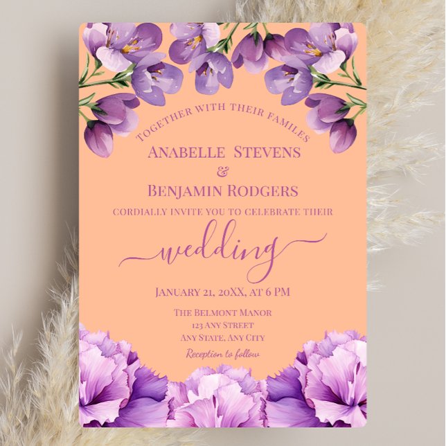 Invitation Pêcher Fuzz et Flore Lilac avec Mariage de code QR (Créateur téléchargé)