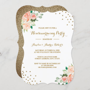 Invitation Pêcher Gold Floral Confetti Houseécher Party