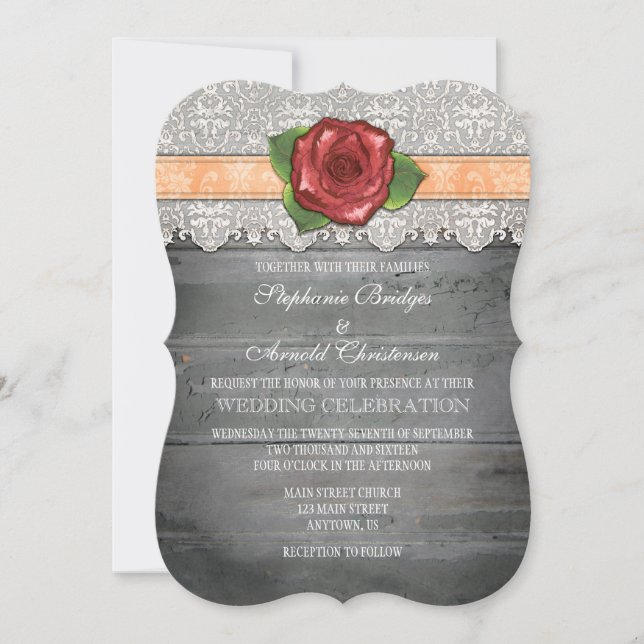 Invitation Pêcher Gris Rustique Bois Rose Mariage Inviter (Devant)