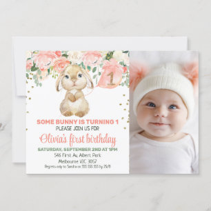 Invitation Pêcher Lapin Floral Photo 1er Anniversaire Invitat