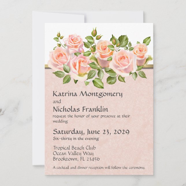 Invitation Pêcher les Roses en blanc avec Mariage or (Devant)