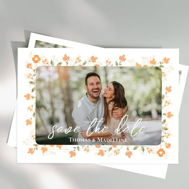 Invitation Pêcher mariage floral Enregistrer la date Photo (Wedding save-the-date photo card with a scannable QR code. )
