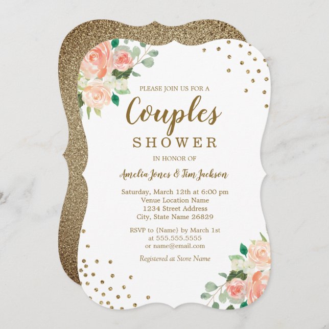 Invitation Pêcher Or Floral Confetti Mariage Couples Douche (Devant / Derrière)
