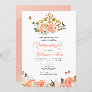 Invitation Pêcher Rose Gold Tiara Butterfly Elegant Quince