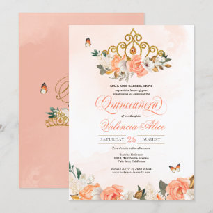 Invitation Pêcher Rose Gold Tiara Butterfly Quinceanera