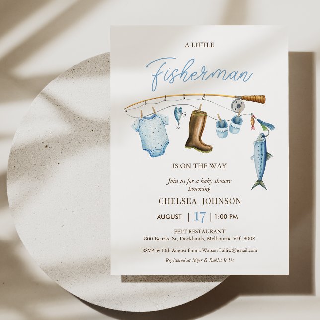 Invitation Pêcheur Bleu Moderne Pêche Baby shower à thème (Boys Fishing Themed Baby Shower Invitation, Fishing Baby Shower Invitation Template, Fishing Rod)
